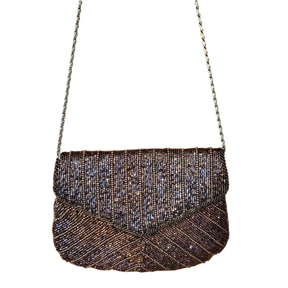 Walborg Metallic Copper Brown Beaded Evening Clutch with Chain Strap